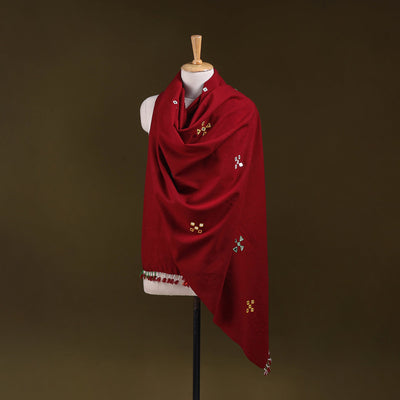 Red - kutch handwoven mirror work acrylic wool shawl 145