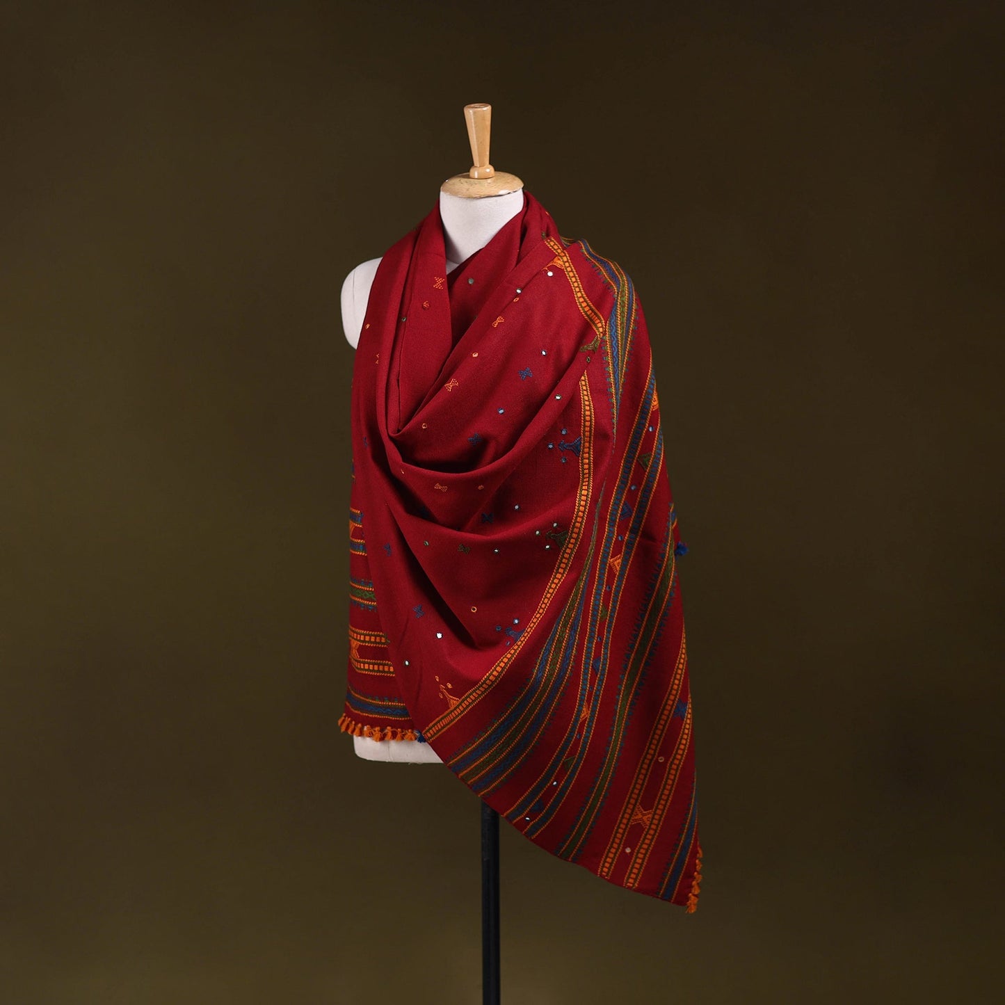 Red - kutch bhujodi handwoven mirror work acrylic wool