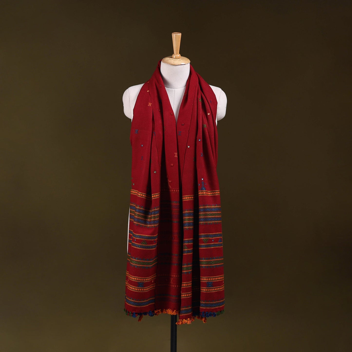 Red - kutch bhujodi handwoven mirror work acrylic wool