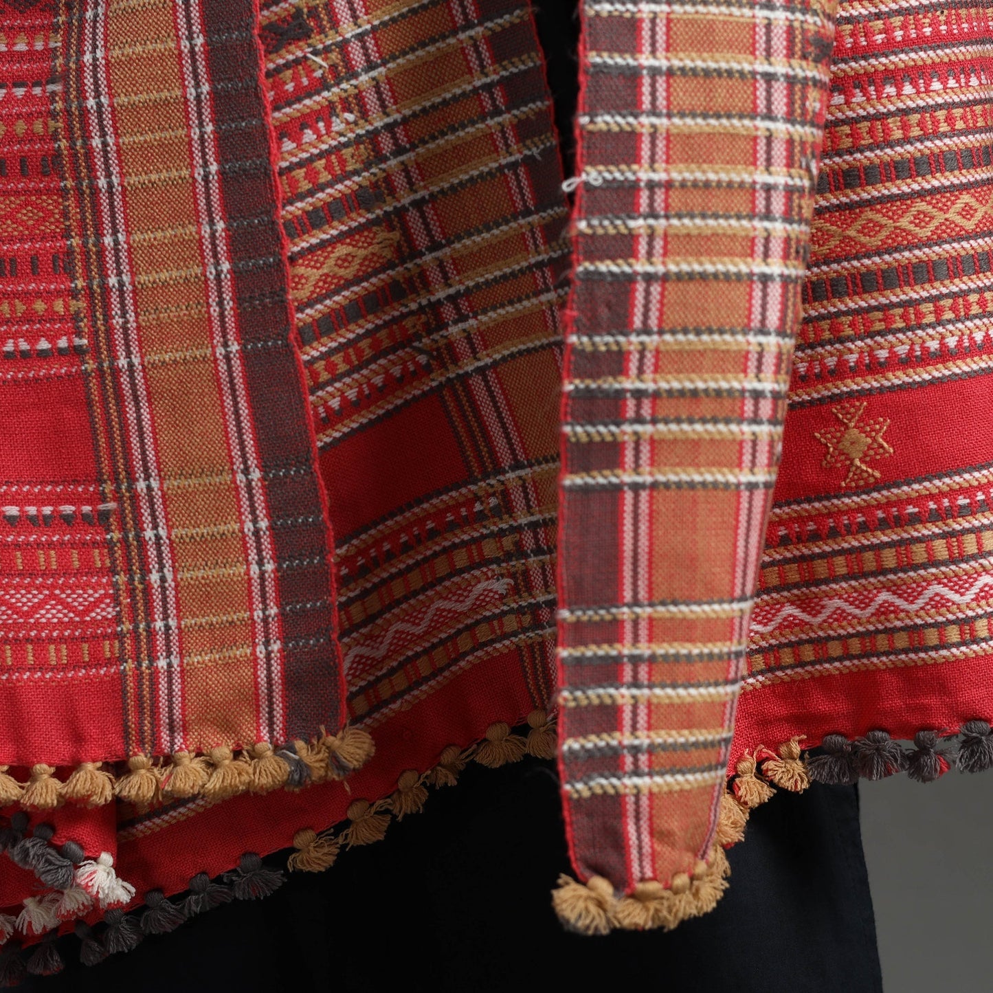  Red Kutch Handwoven Mirror Work Woollen Shawl 