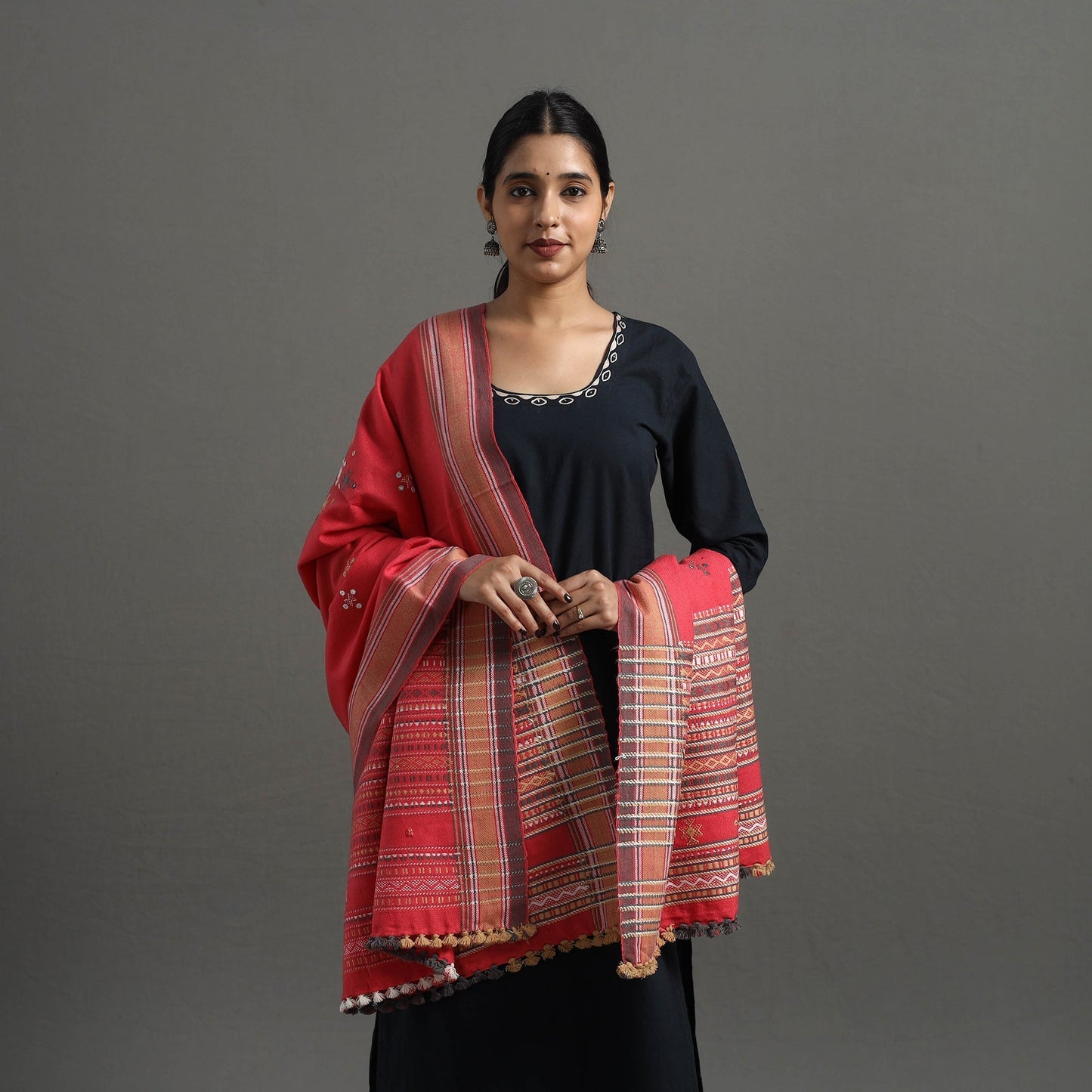  Red Kutch Handwoven Mirror Work Woollen Shawl 