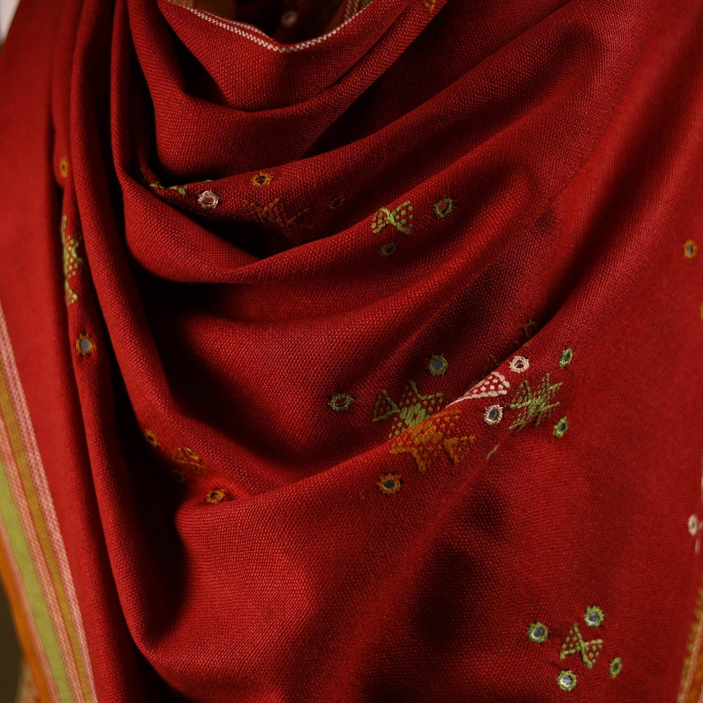 Kutch handwoven mirror work chomuk buta acrylic wool shawl