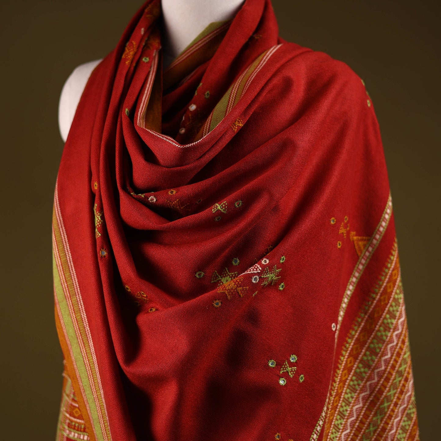 Kutch handwoven mirror work chomuk buta acrylic wool shawl