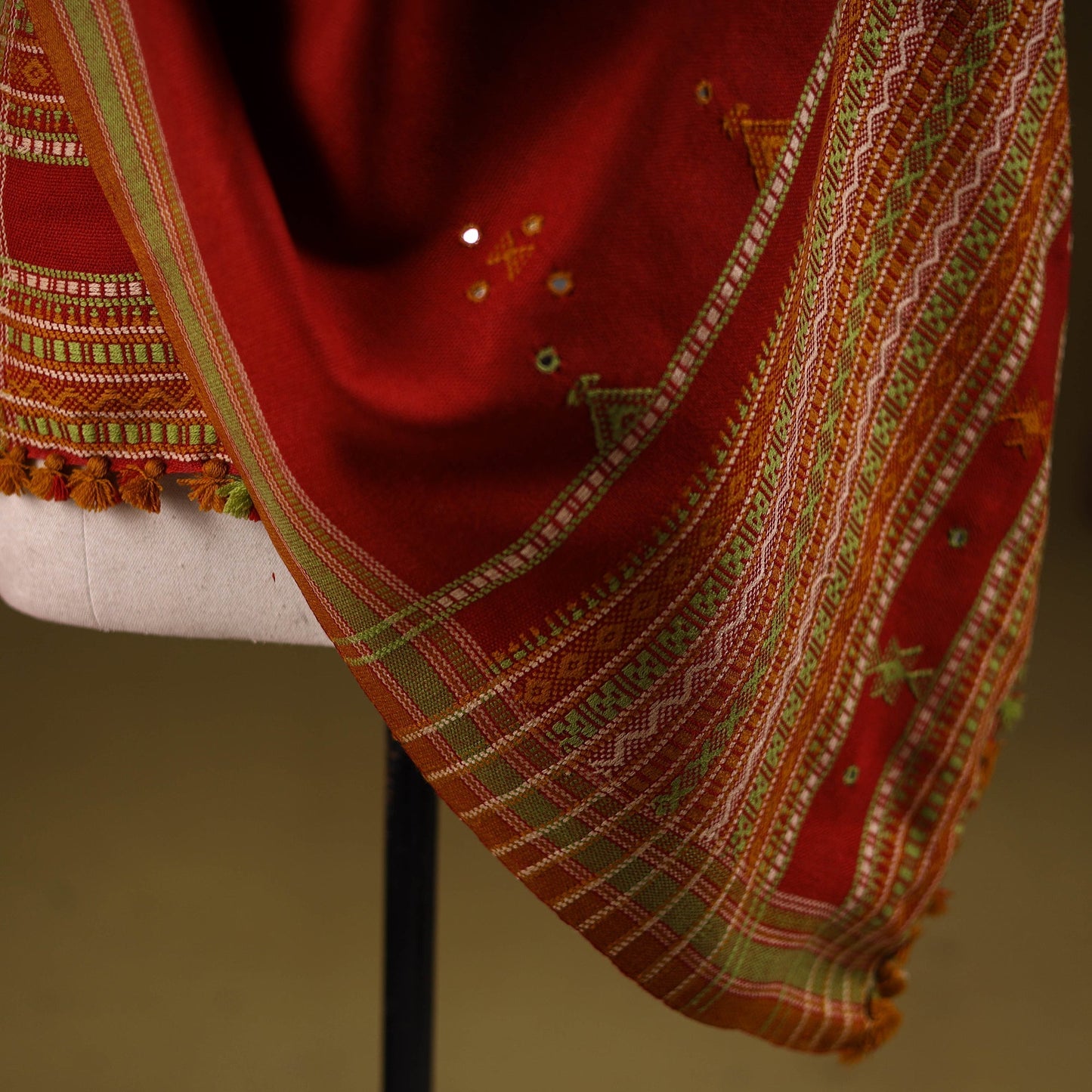 Kutch handwoven mirror work chomuk buta acrylic wool shawl