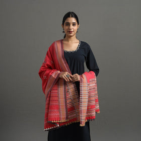  Red Kutch Handwoven Mirror Work Woollen Shawl 