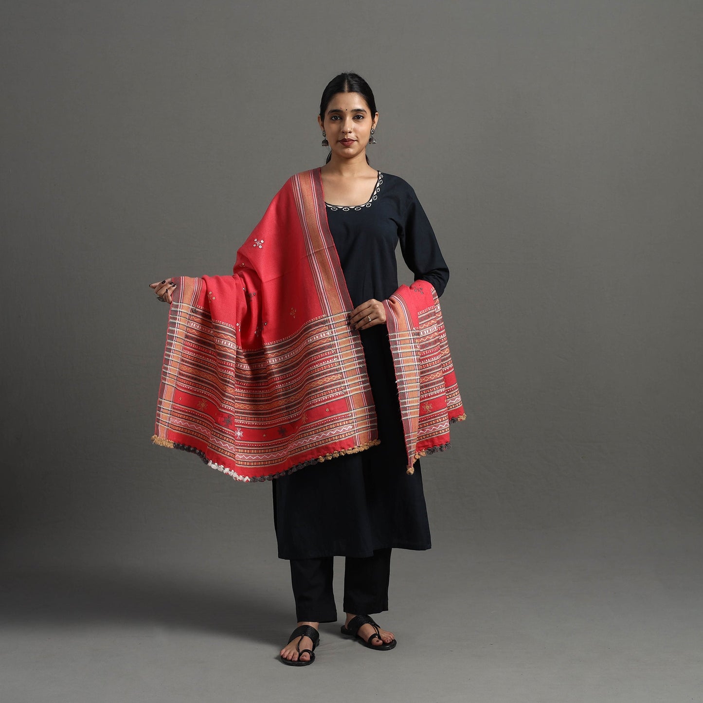  Red Kutch Handwoven Mirror Work Woollen Shawl 