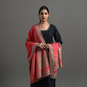  Red Kutch Handwoven Mirror Work Woollen Shawl 