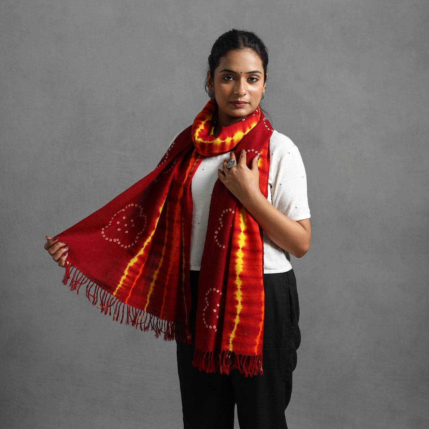 Red - kutch handwoven woolen shibori & bandhani stole 28