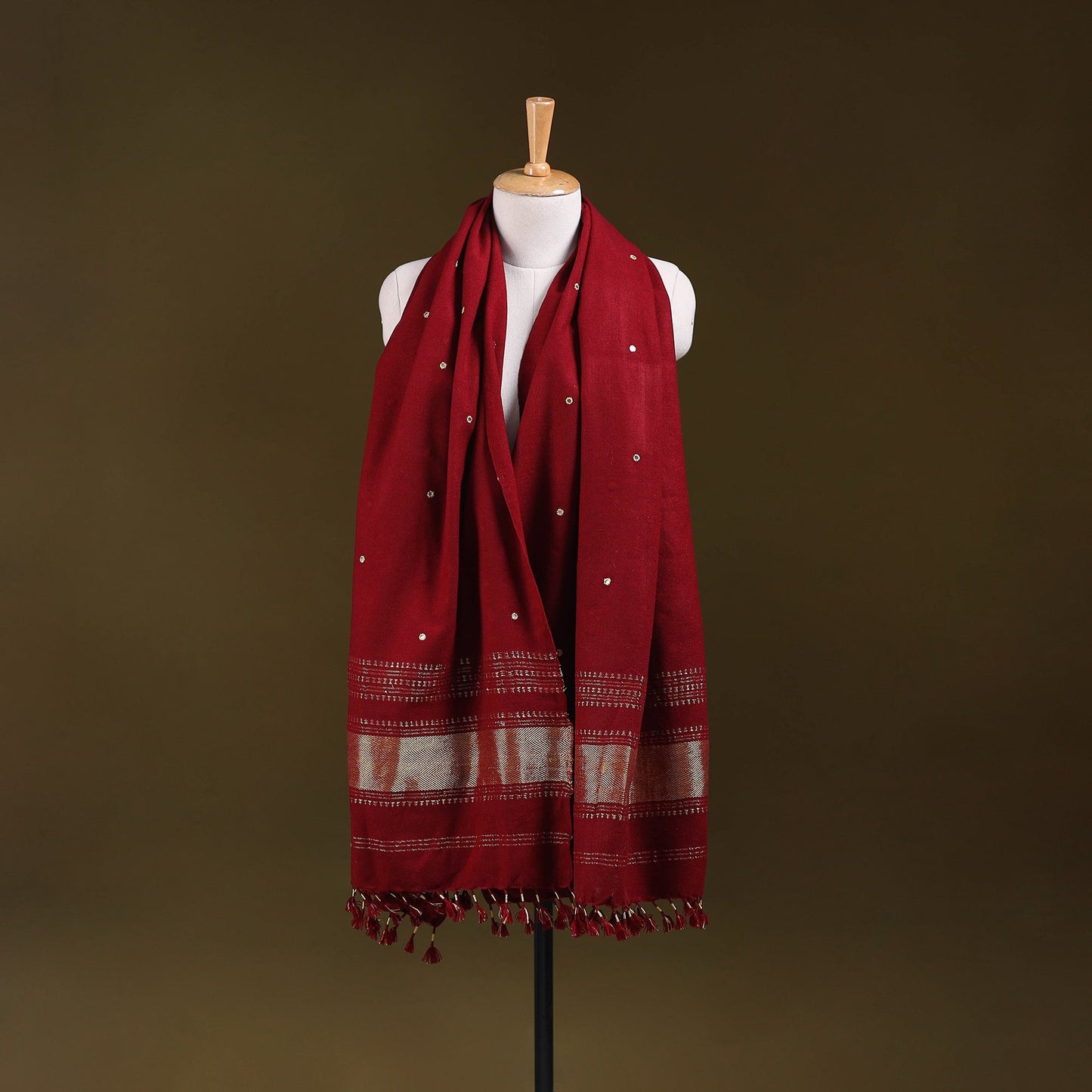 Red - kutch handwoven zari & mirror work acrylic wool shawl