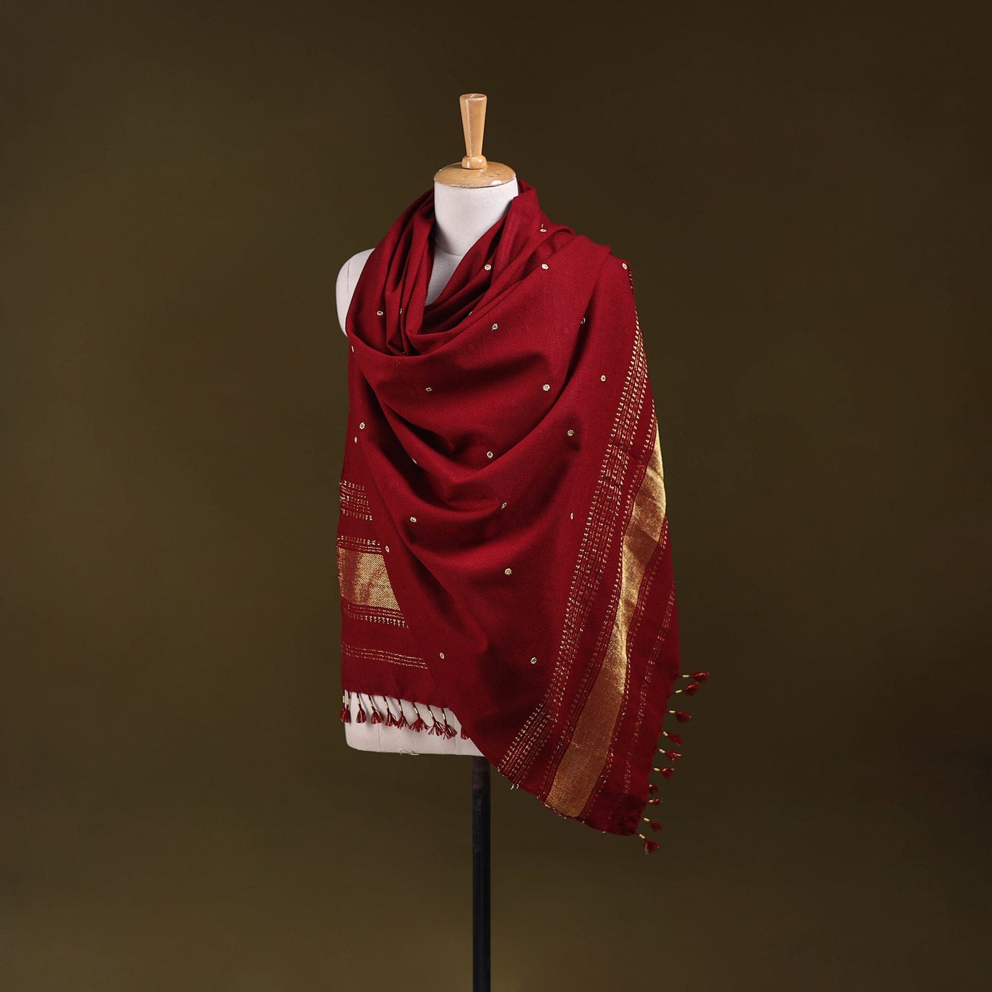 Red - kutch handwoven zari & mirror work acrylic wool shawl
