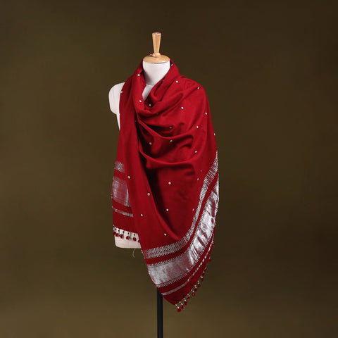 Red - kutch handwoven zari & mirror work acrylic wool shawl