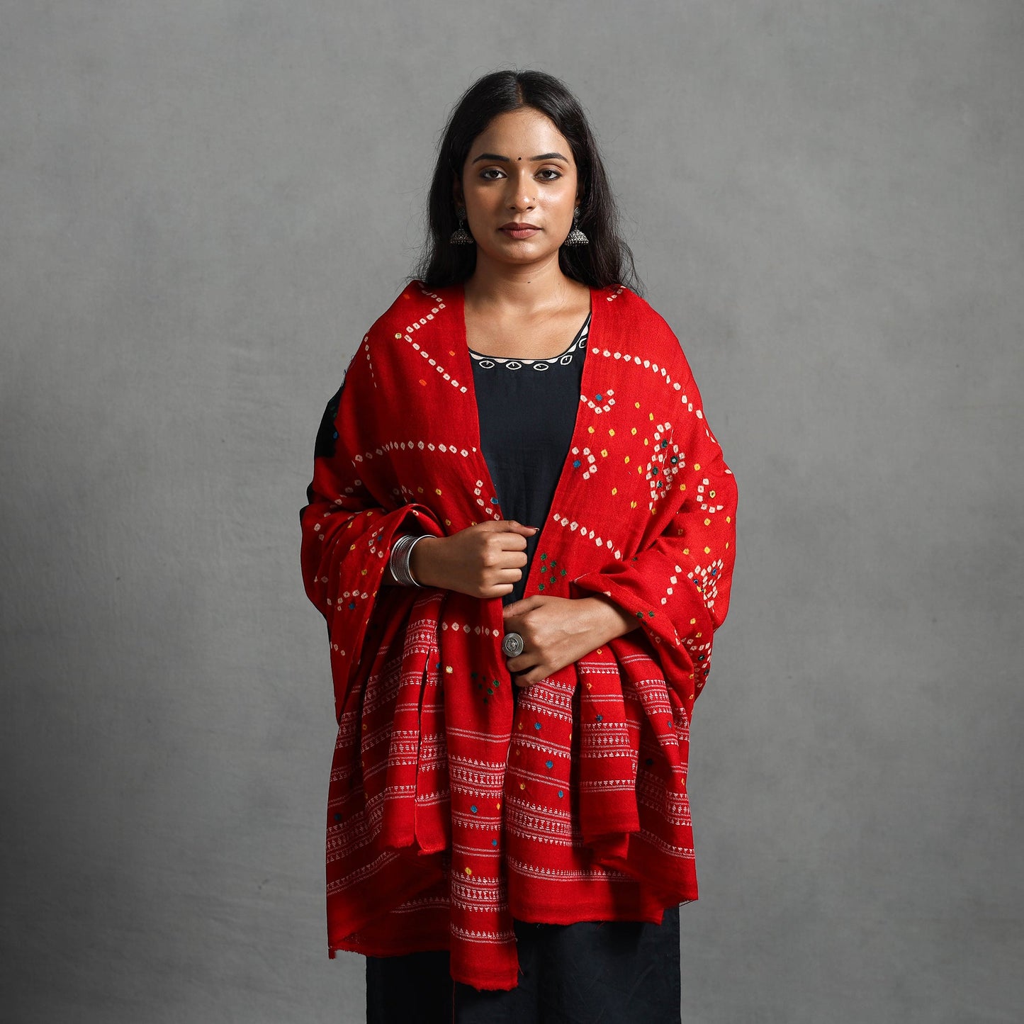 Red Handwoven Bandhani Woolen Shawl for Women
