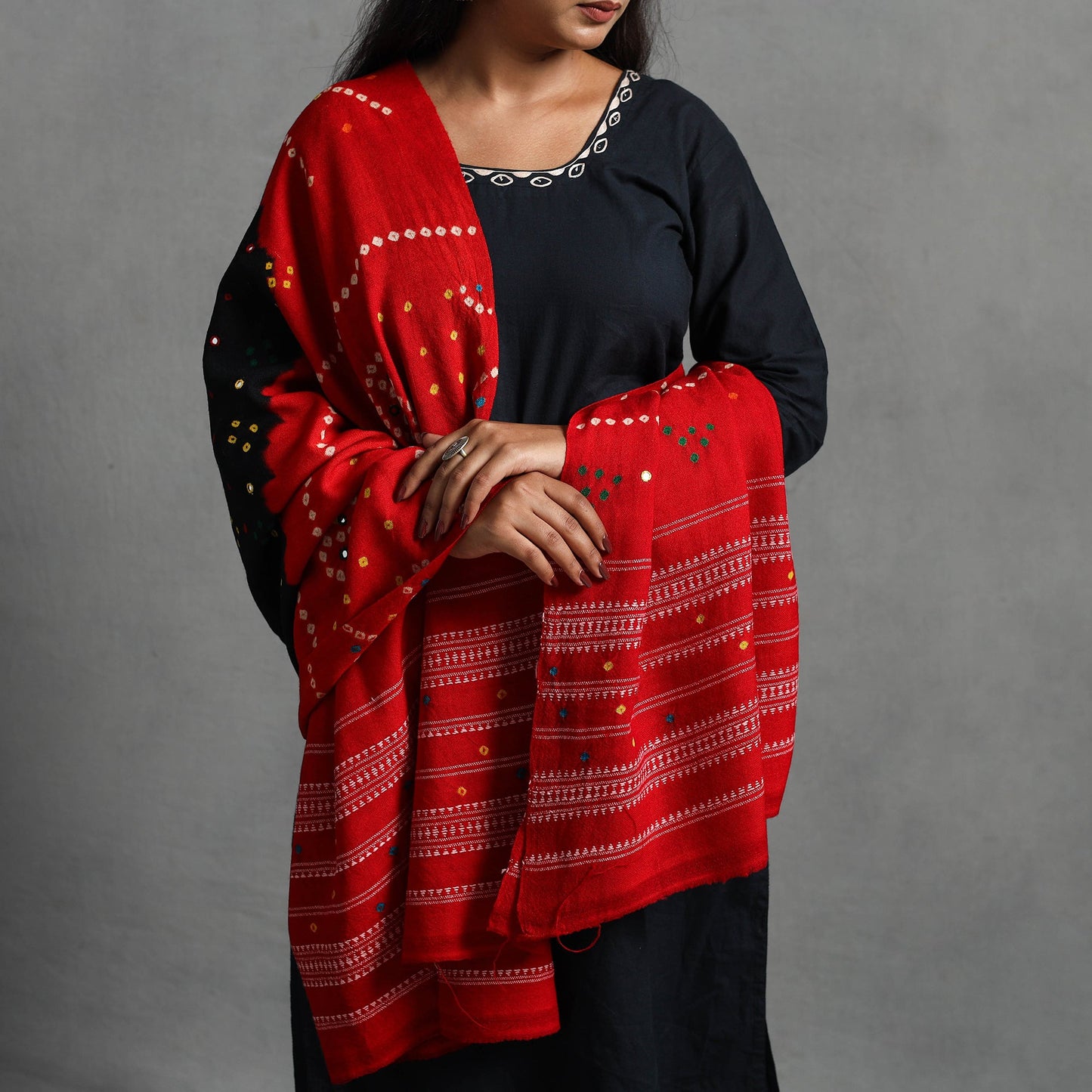 Red Handwoven Bandhani Woolen Shawl for Women