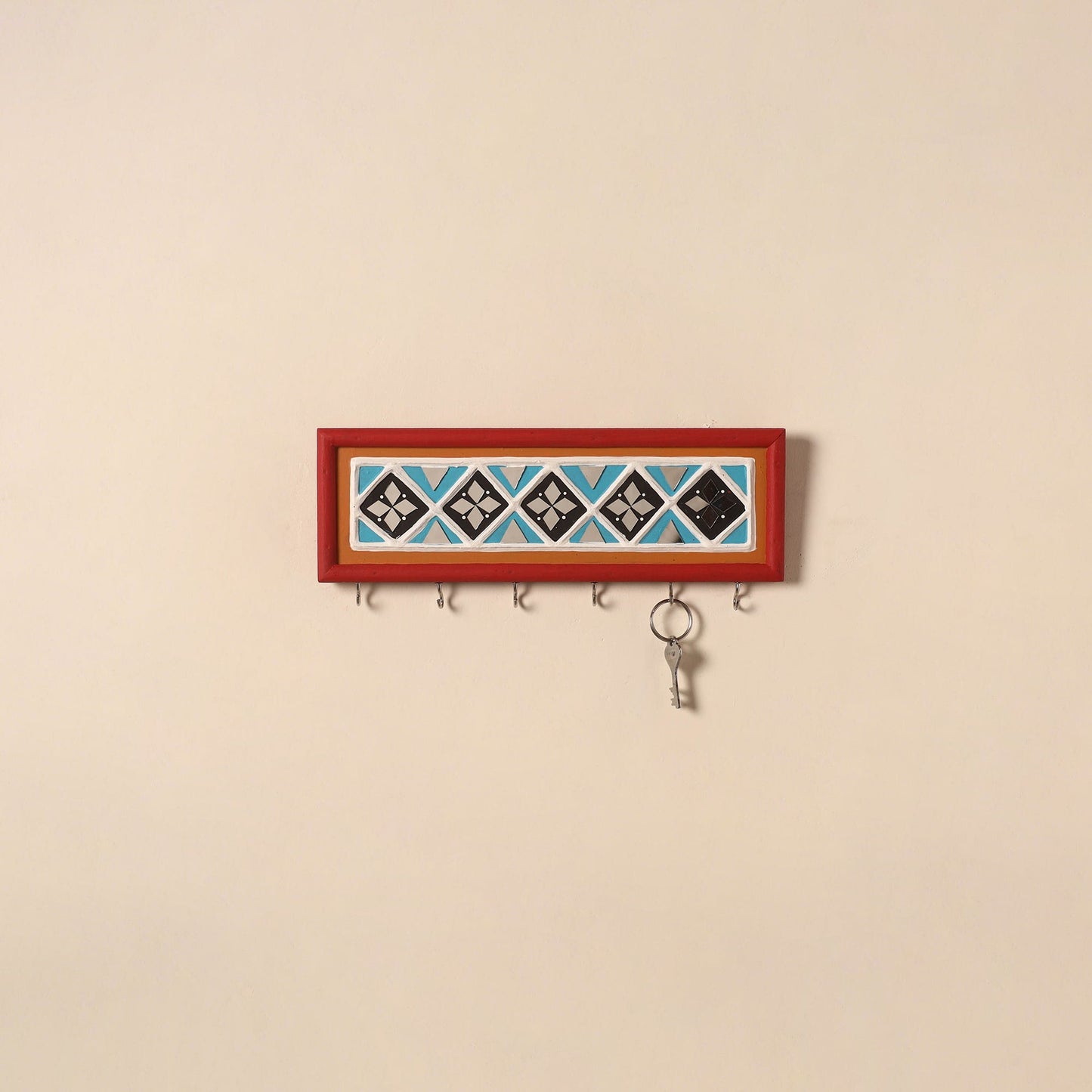 Kutch mud mirror work lippan art key holder (4 x 12 in) 17