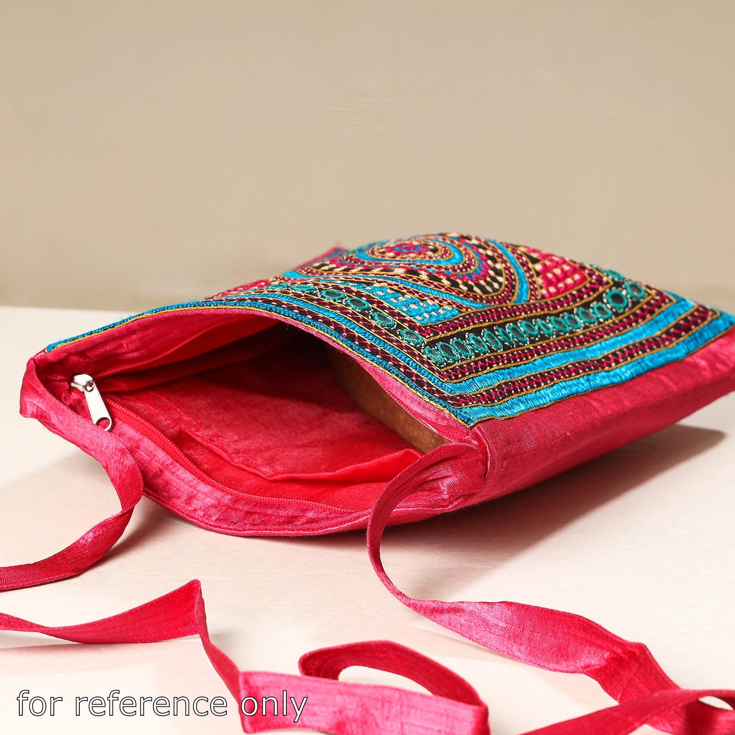 Red Kutch Neran Hand Embroidery Mashru Silk Sling Bag
