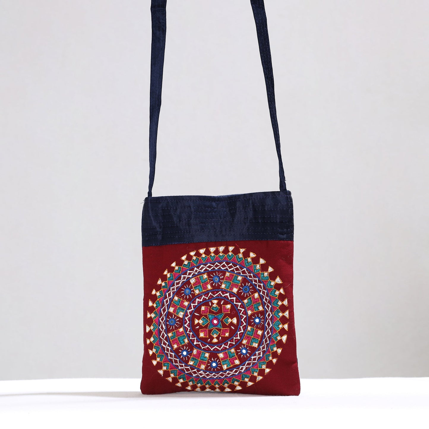 Red Kutch Neran Hand Embroidery Mashru Silk Sling Bag