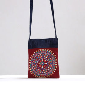 Red Kutch Neran Hand Embroidery Mashru Silk Sling Bag
