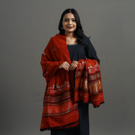 Red Kutch Neran Hand Embroidery Mirror Work Woollen Shawl