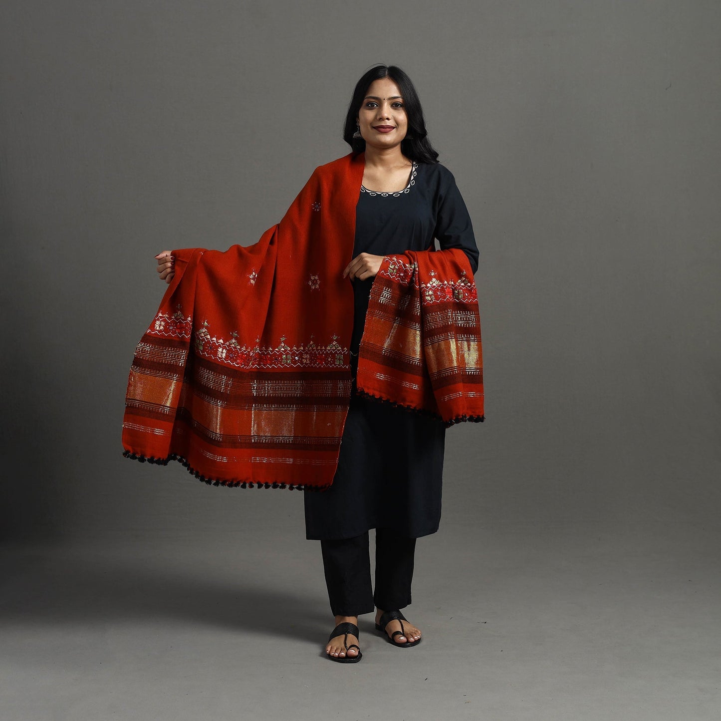 Red Kutch Neran Hand Embroidery Mirror Work Woollen Shawl