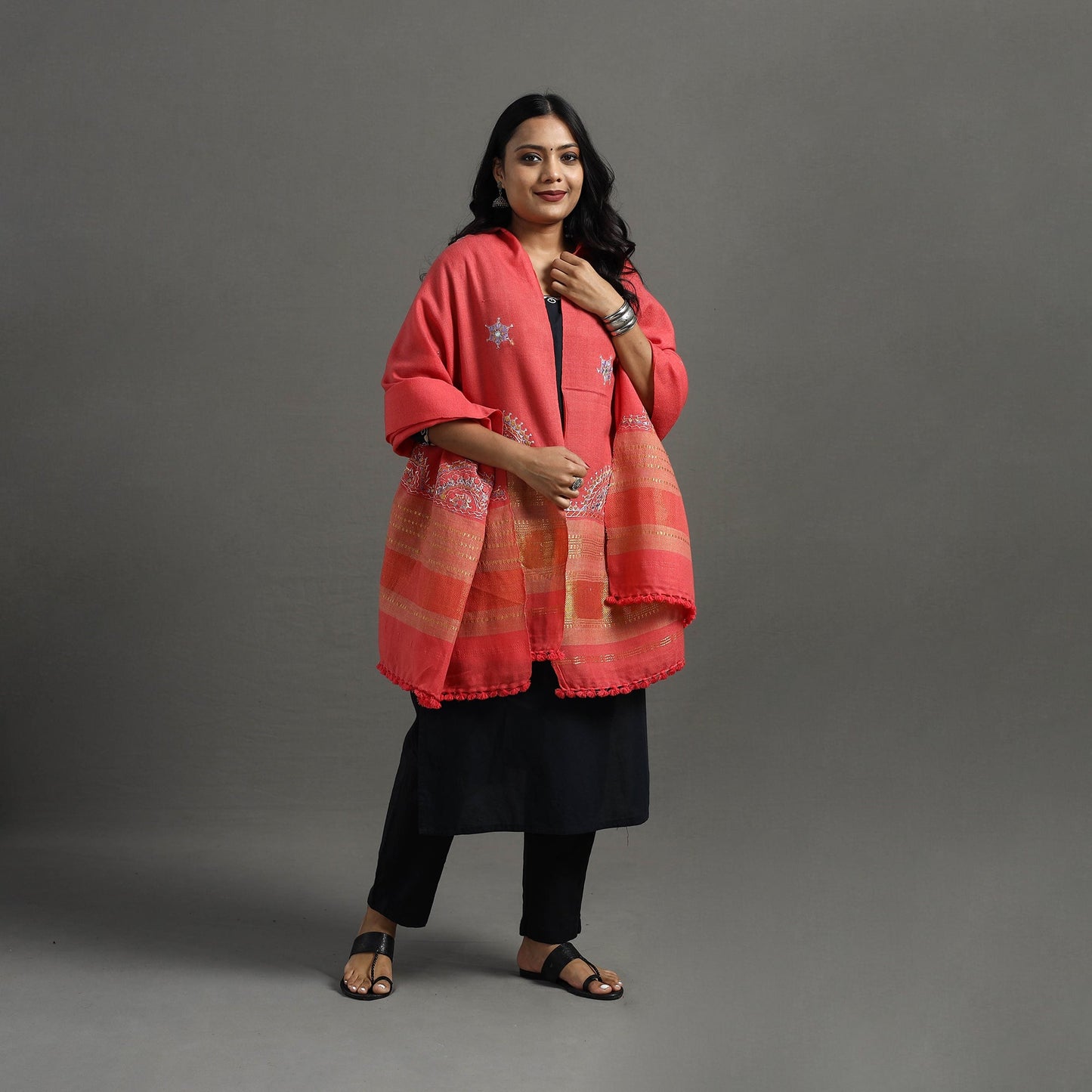 Red Kutch Neran Hand Embroidery Mirror Work Woollen Shawl