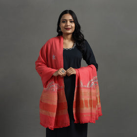Red Kutch Neran Hand Embroidery Mirror Work Woollen Shawl
