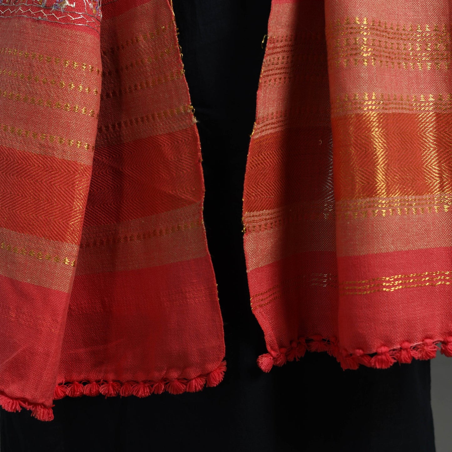Red Kutch Neran Hand Embroidery Mirror Work Woollen Shawl