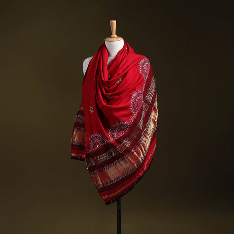 Red - kutch neran hand embroidery mirror work woollen shawl