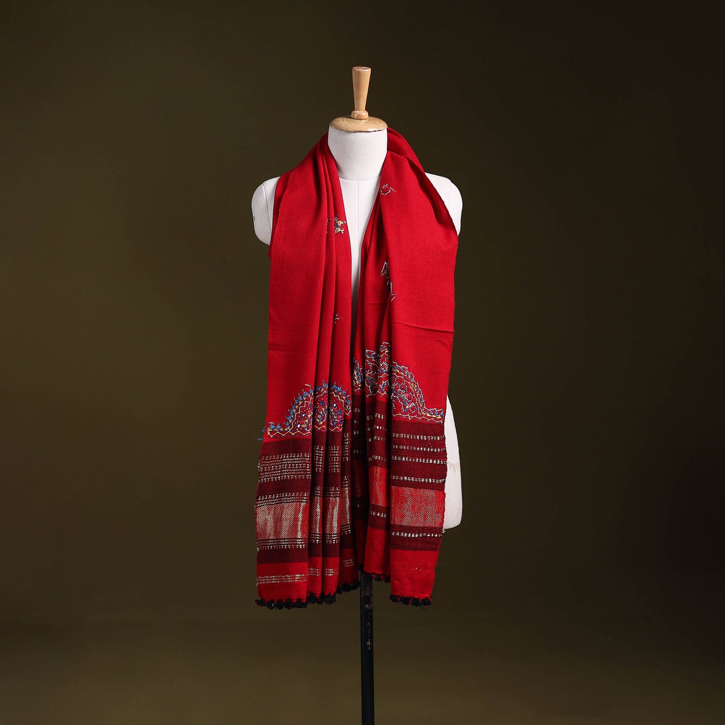 Red - kutch neran hand embroidery mirror work woollen shawl