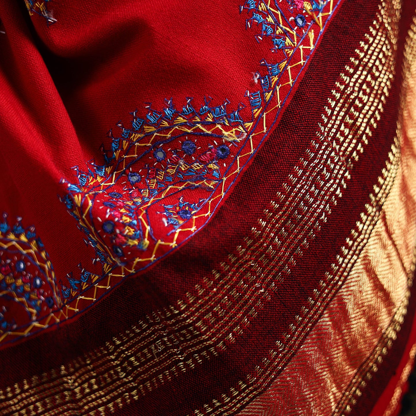Red - kutch neran hand embroidery mirror work woollen shawl