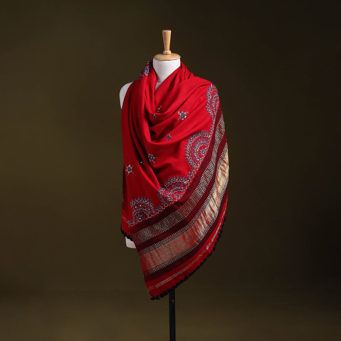 Red - kutch neran hand embroidery mirror work woollen shawl