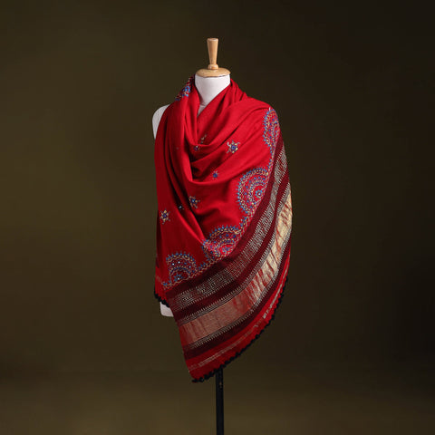 Red - kutch neran hand embroidery mirror work woollen shawl