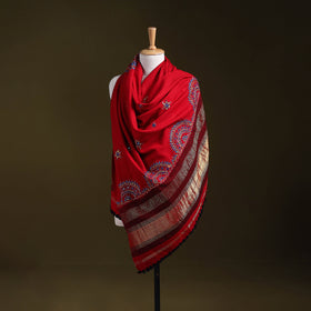 Red - kutch neran hand embroidery mirror work woollen shawl