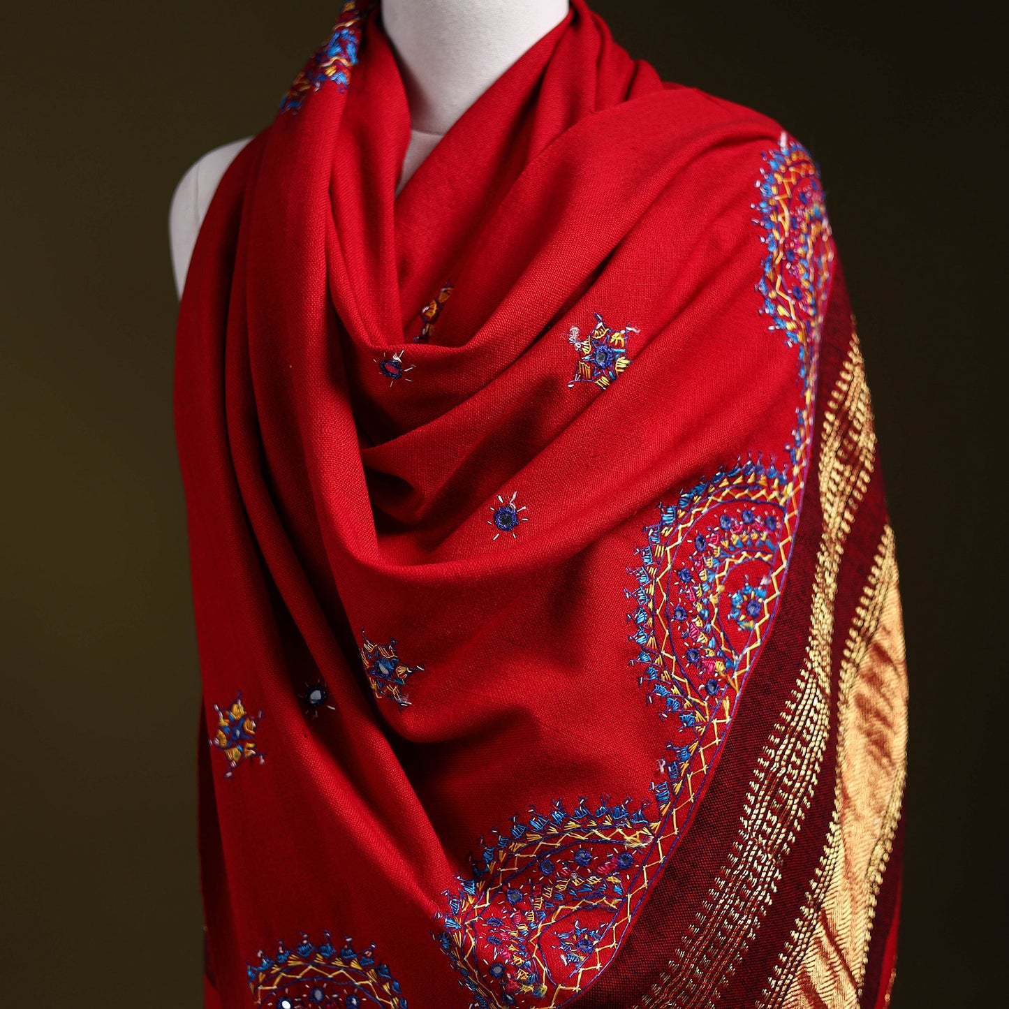 Red - kutch neran hand embroidery mirror work woollen shawl
