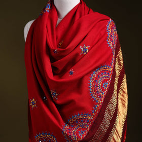 Red - kutch neran hand embroidery mirror work woollen shawl
