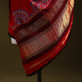 Red - kutch neran hand embroidery mirror work woollen shawl