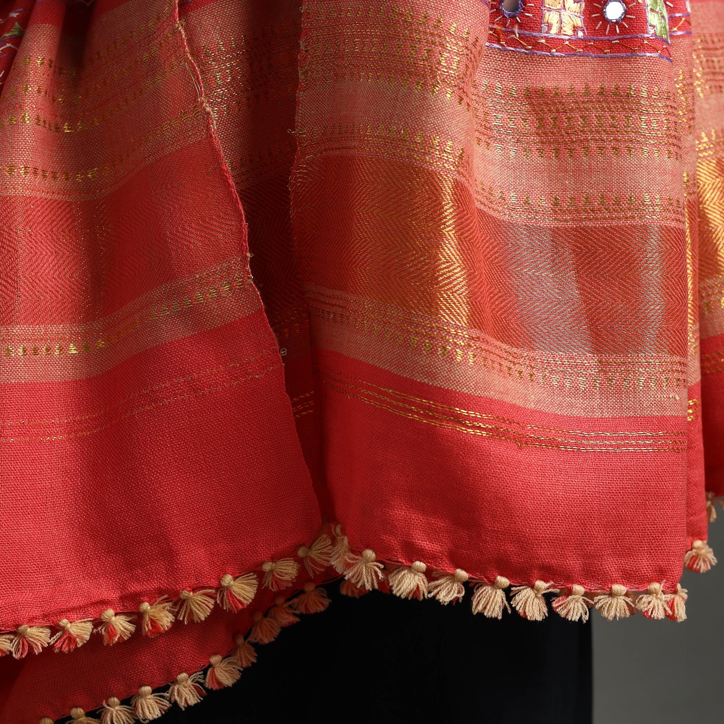 Red Kutch Neran Hand Embroidery Mirror Work Woollen Shawl