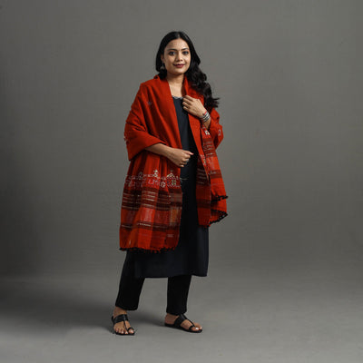 Red Kutch Neran Hand Embroidery Mirror Work Woollen Shawl