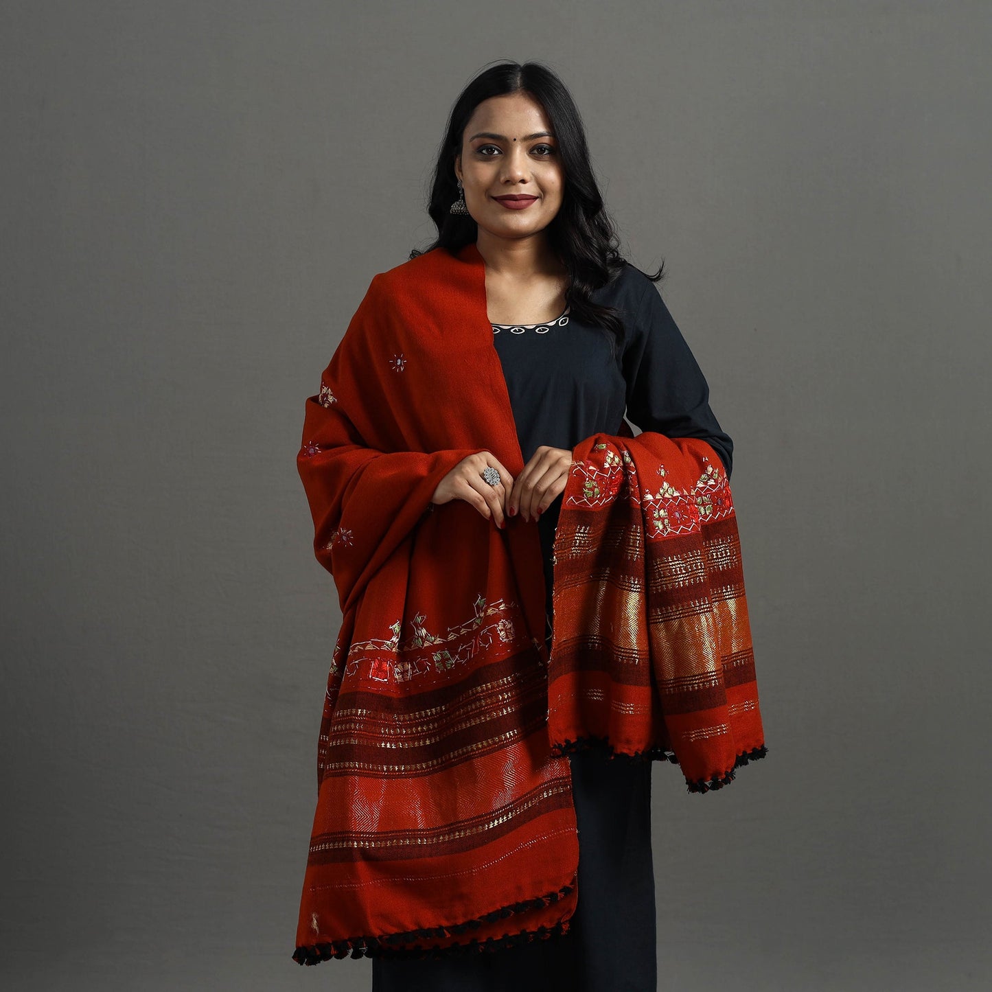 Red Kutch Neran Hand Embroidery Mirror Work Woollen Shawl