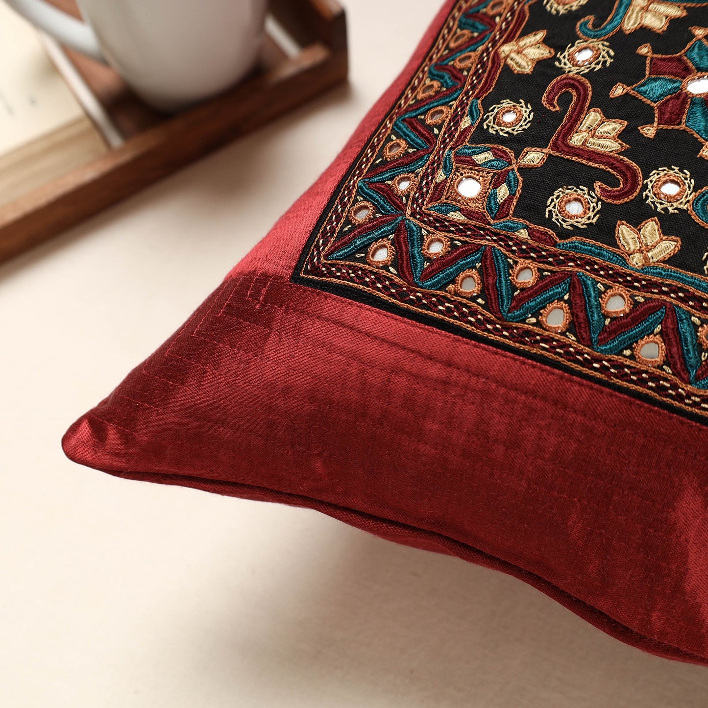 Red Kutch Pakko Hand Embroidery Mashru Silk Cushion Cover