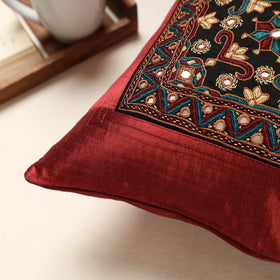 Red Kutch Pakko Hand Embroidery Mashru Silk Cushion Cover