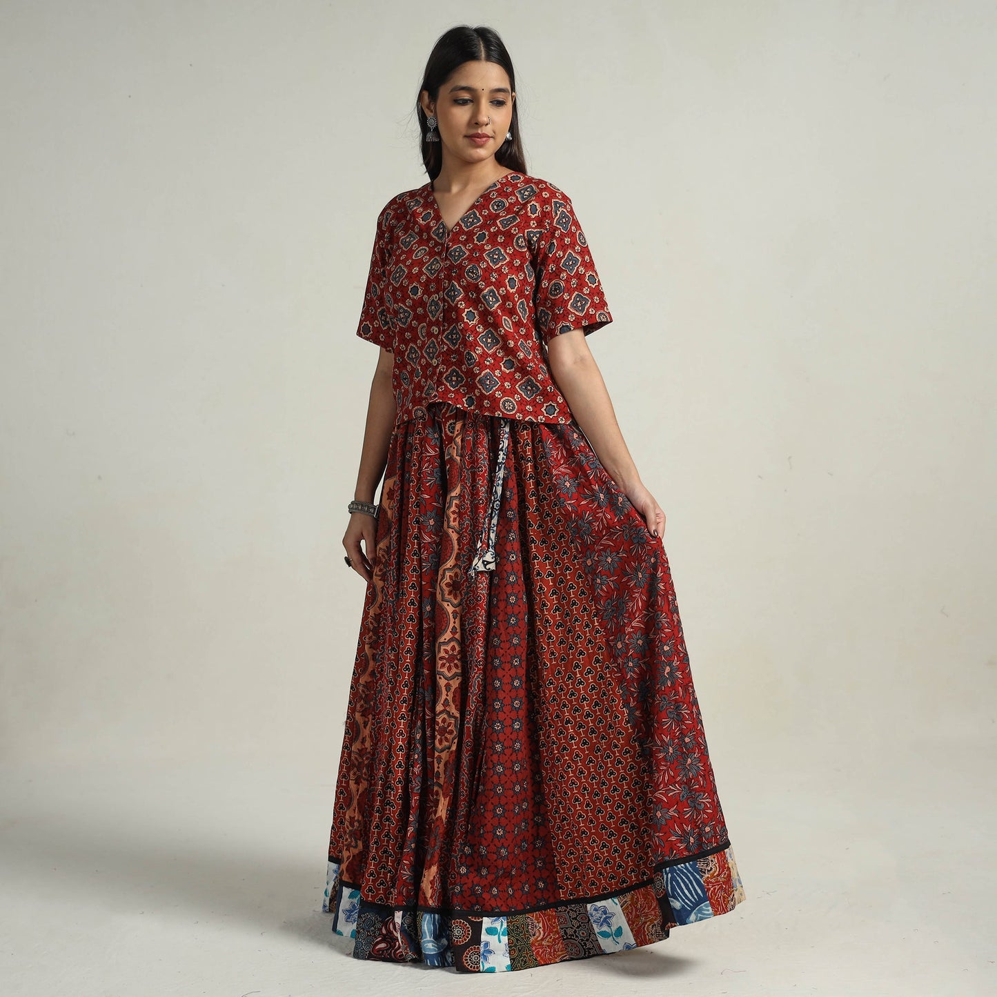 Red - kutch printed 24 kali cotton long skirt 34