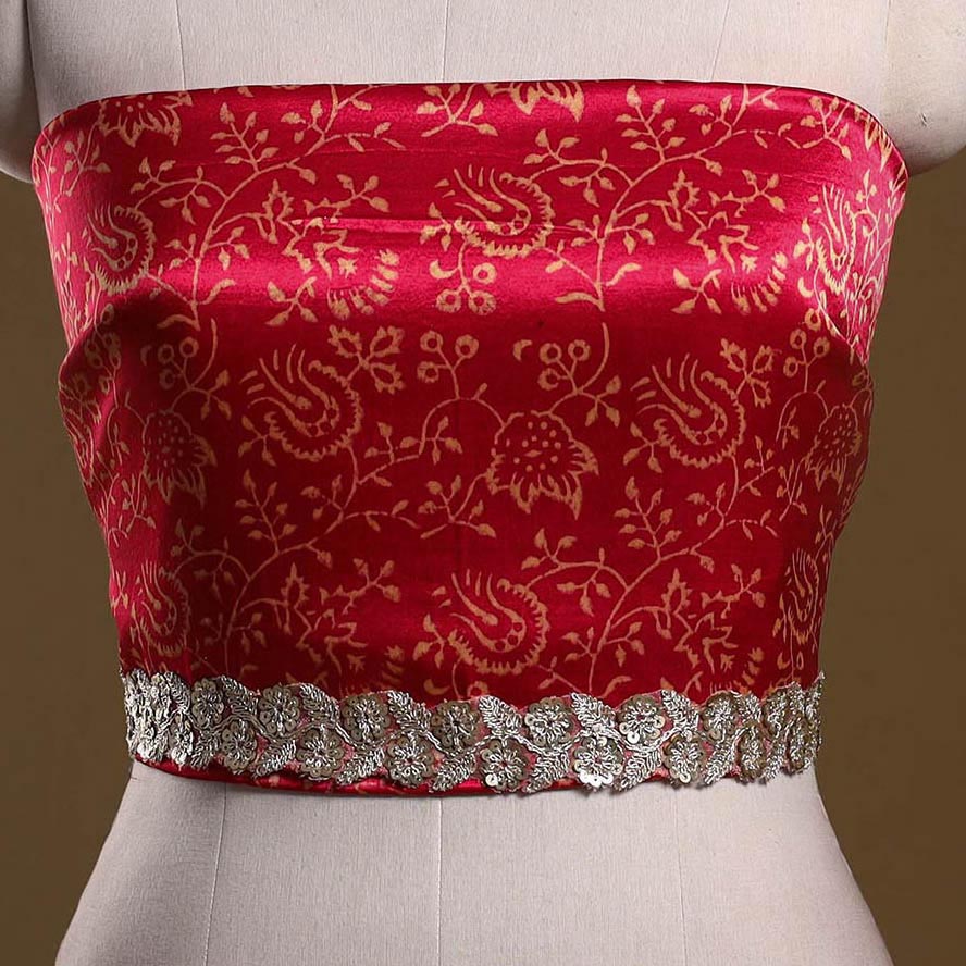 Kutch printed modal silk blouse piece with lace work 16