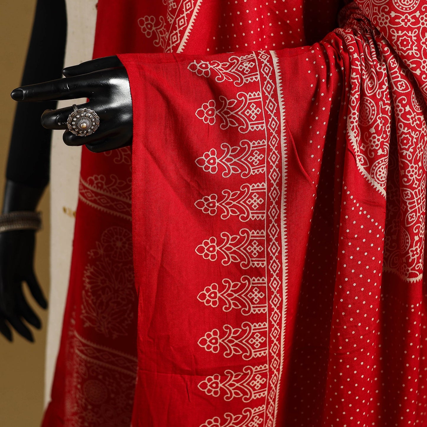 Red - kutch printed rayon dupatta 05 - handcrafted