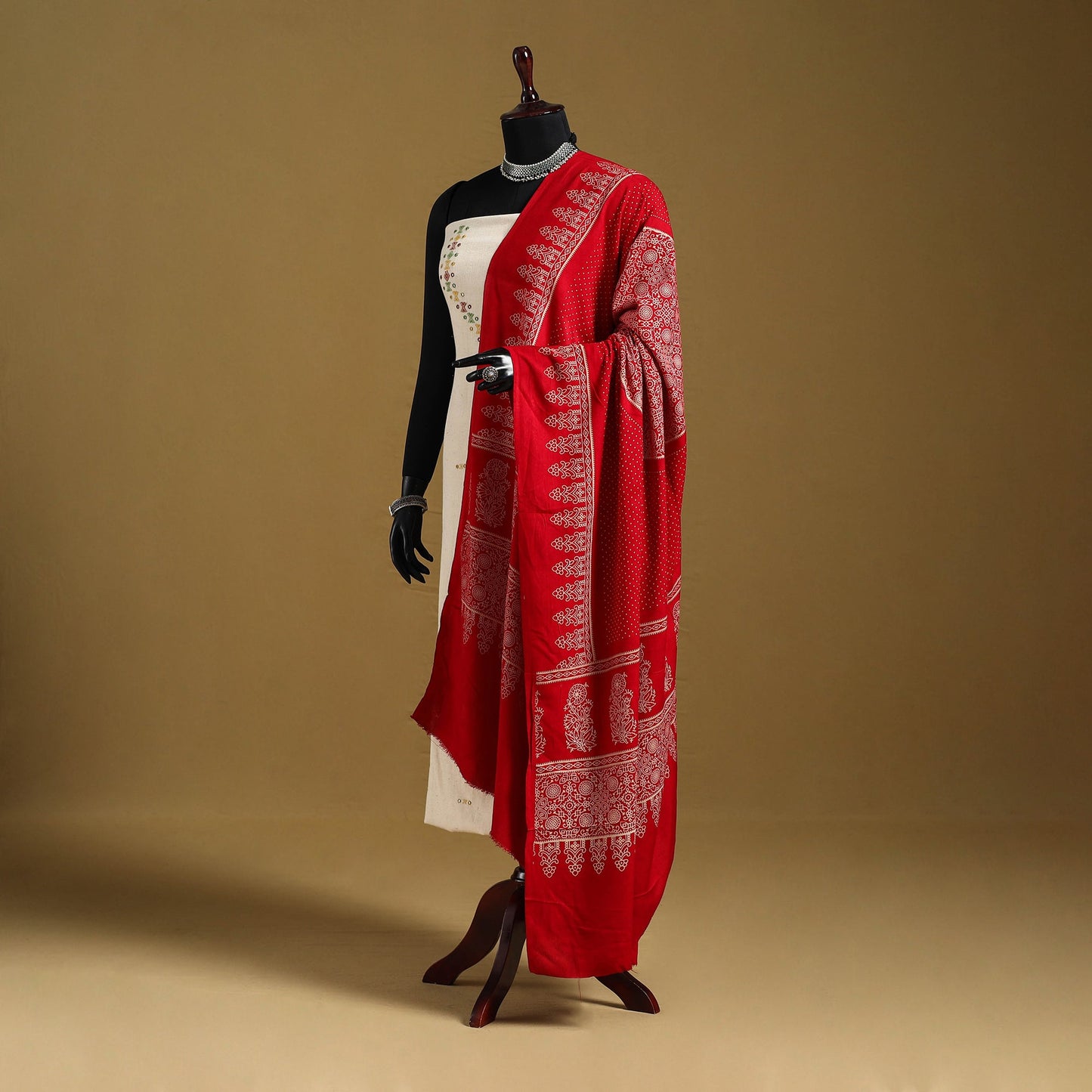 Red - kutch printed rayon dupatta 05 - handcrafted