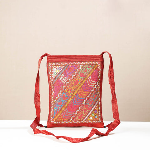 Red - kutch rabari hand embroidery mashru silk sling bag