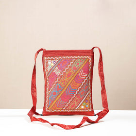 Red - kutch rabari hand embroidery mashru silk sling bag