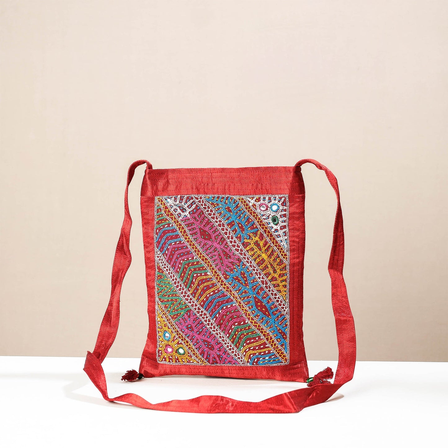 Red - kutch rabari hand embroidery mashru silk sling bag