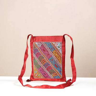 Red - kutch rabari hand embroidery mashru silk sling bag
