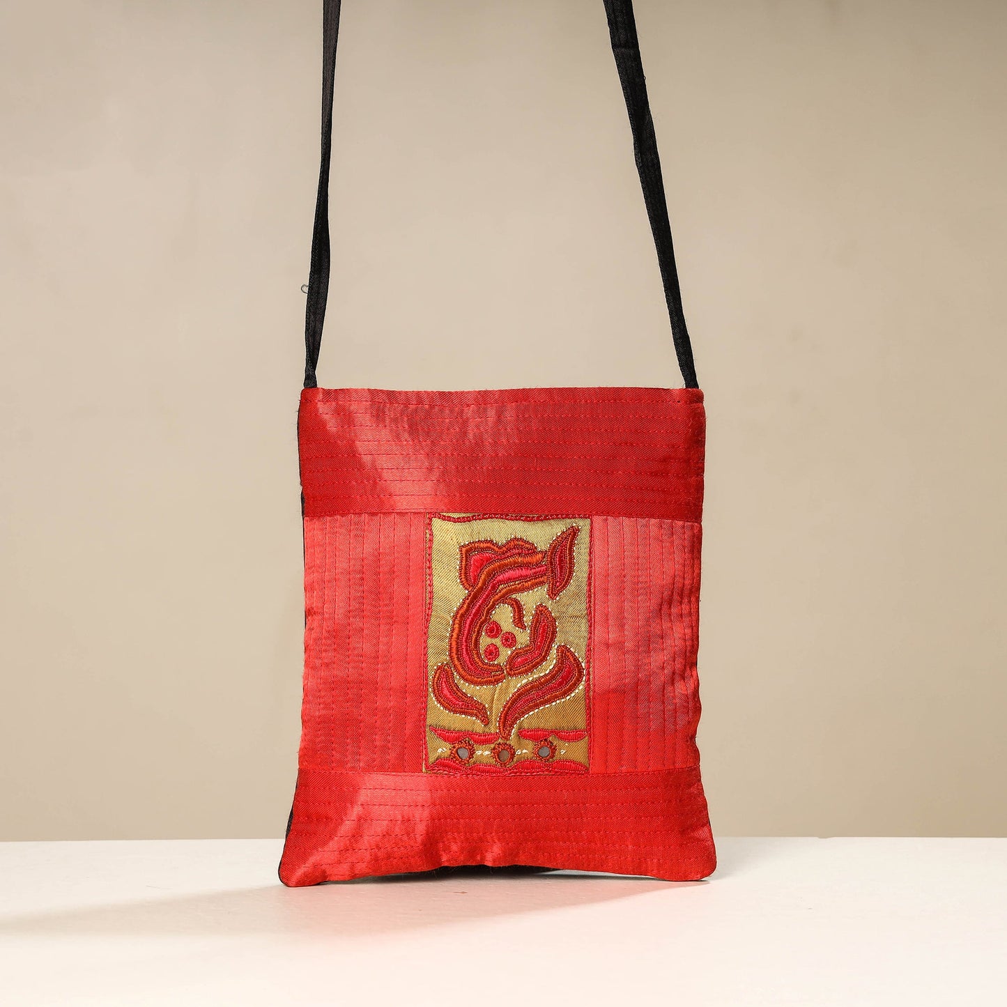 Red Kutch Sodha Embroidery Mashru Silk Sling Bag