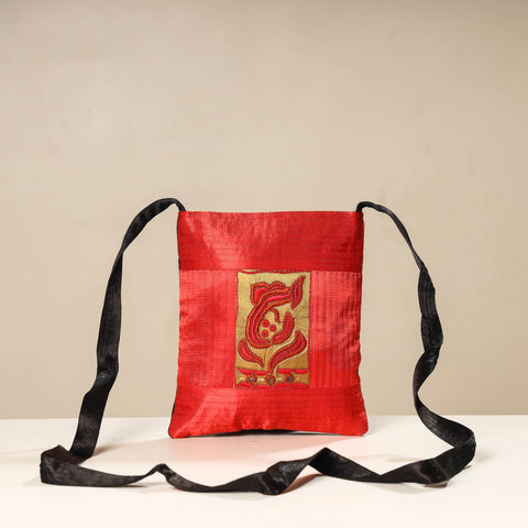 Red Kutch Sodha Embroidery Mashru Silk Sling Bag